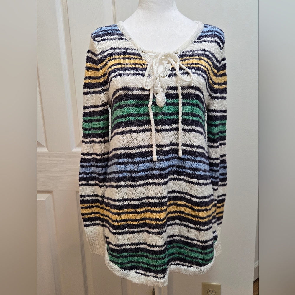 Coastal Striped Knit Sweater with Lace-Up Detail. Size M, Natural Reflections